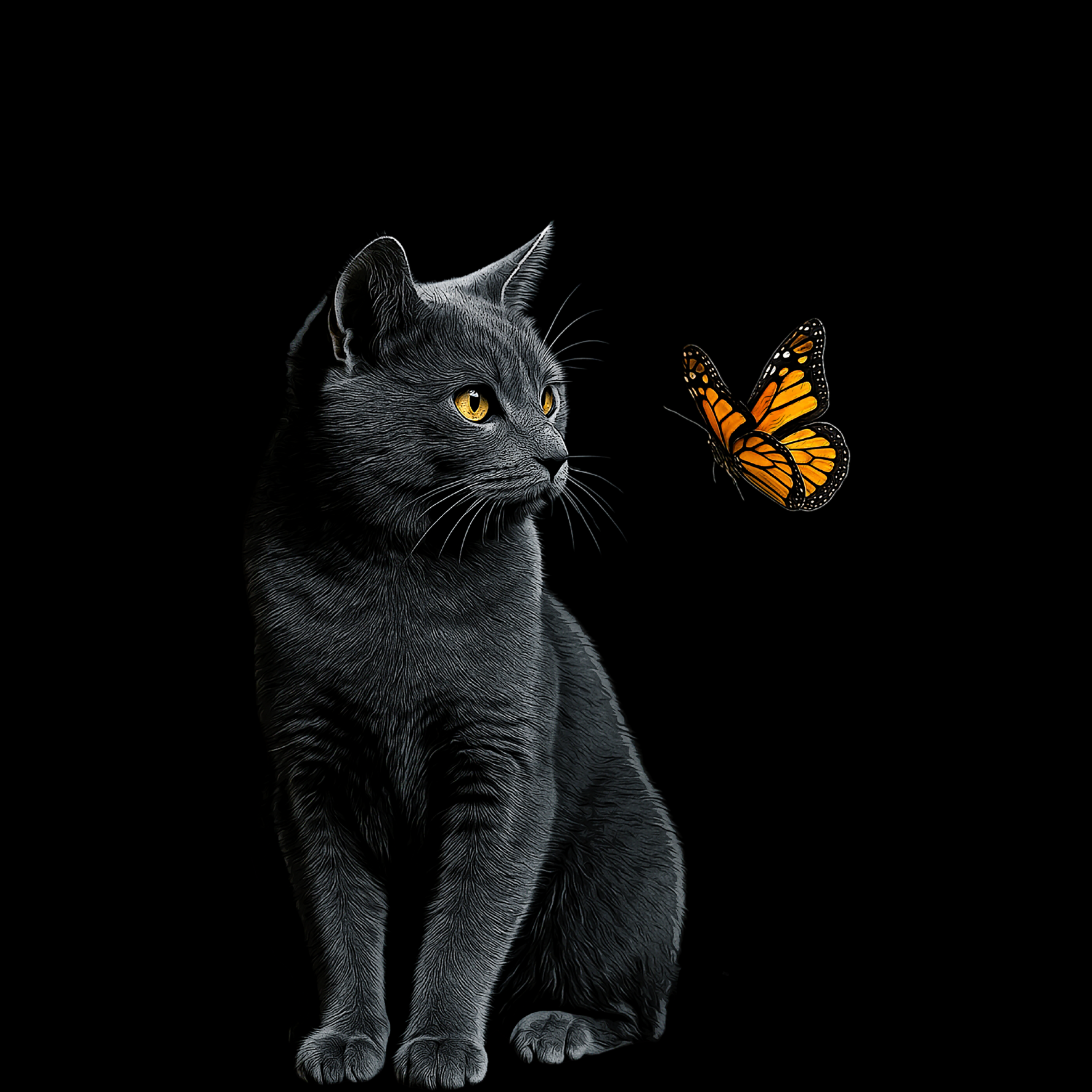 Schwarze Katze mit orangenem Schmetterling