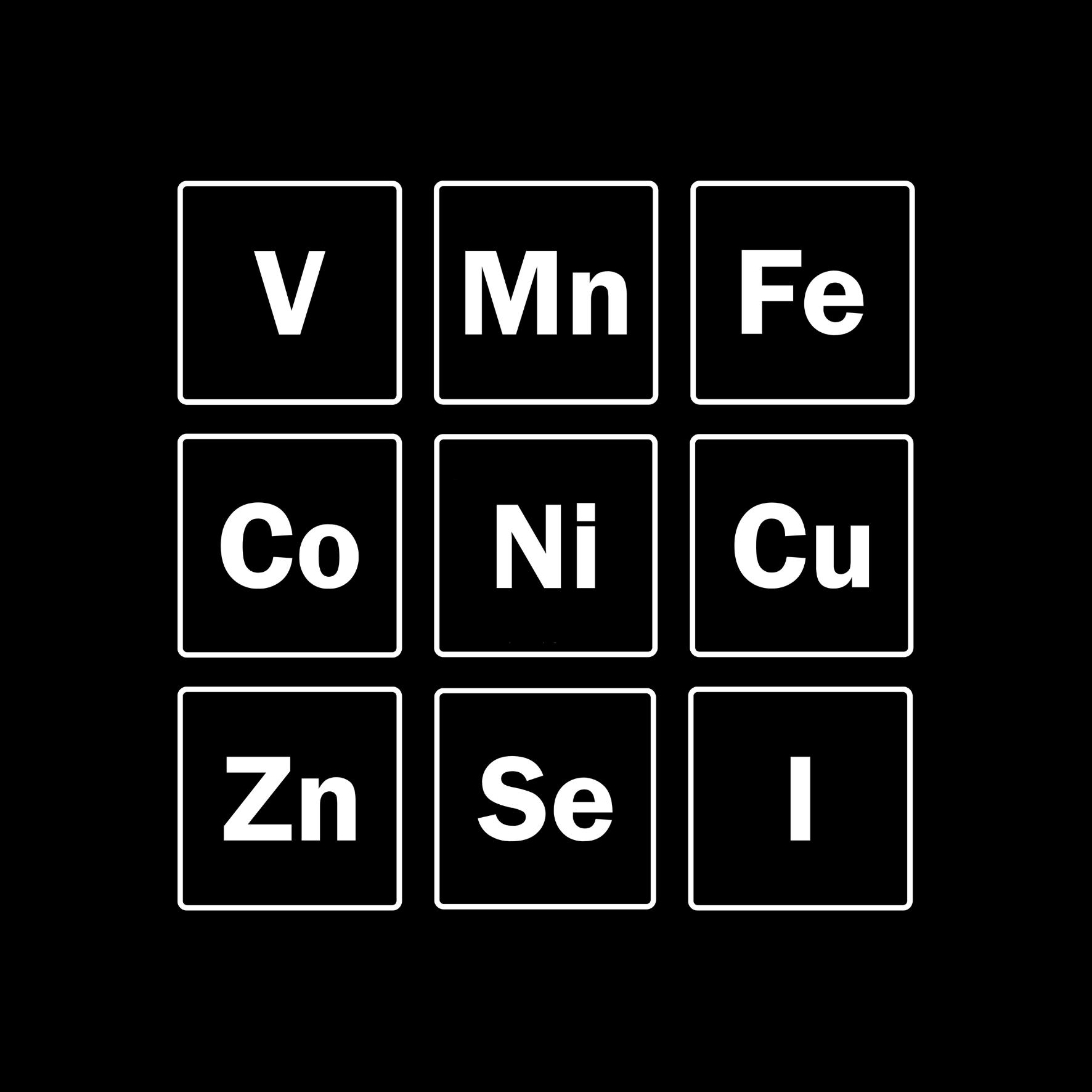 Spurenelemente aus dem Periodensystem auf schwarzem Hintergrund
