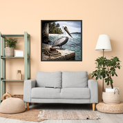 Wandbild mit Metallrahmen, Design Pelikan am Pier