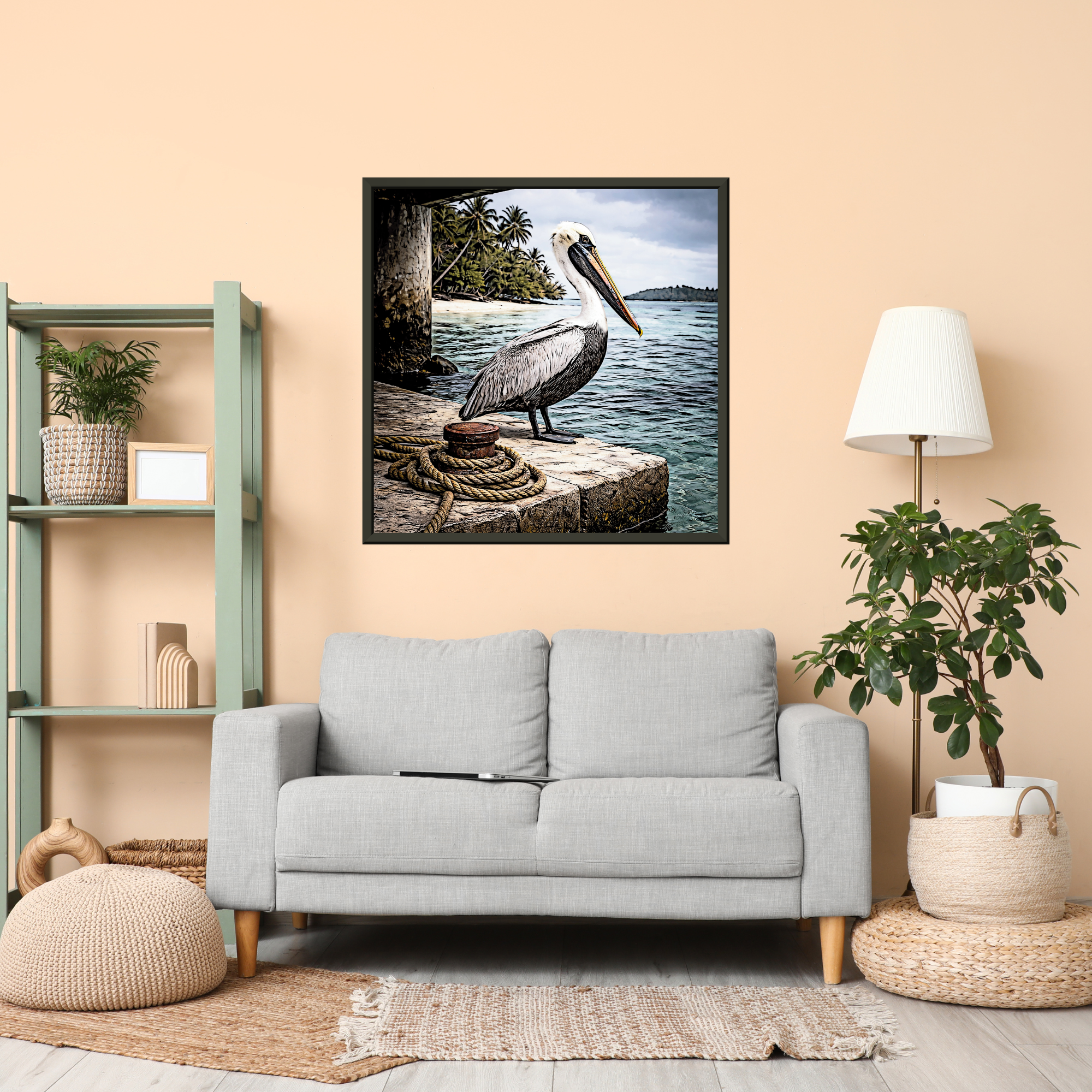 Wandbild mit Metallrahmen, Design Pelikan am Pier