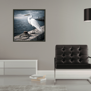 Wandbild mit Metallrahmen, Design Reiher am Pier