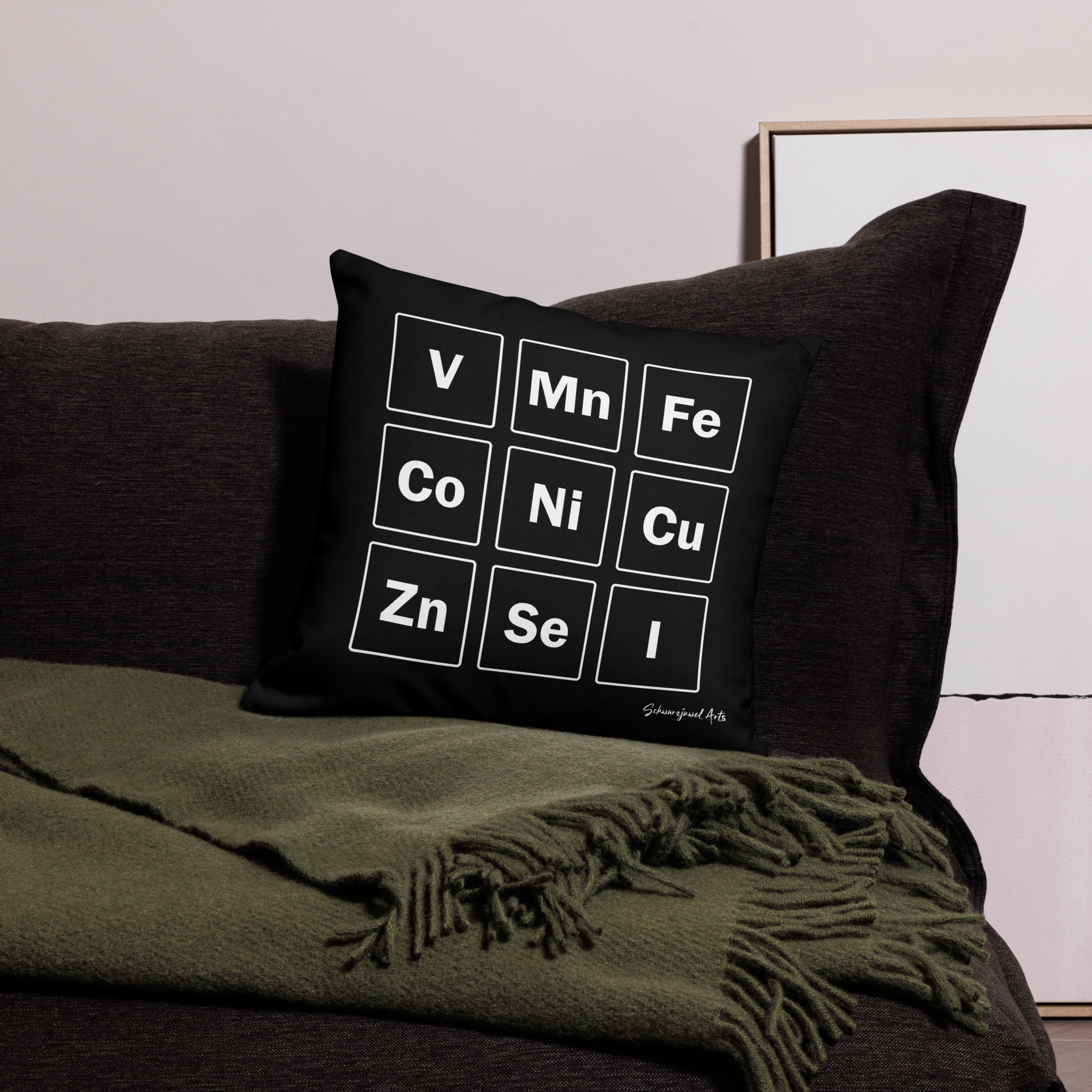 Schwarzes Kissen auf brauner Couch mit grüner Decke