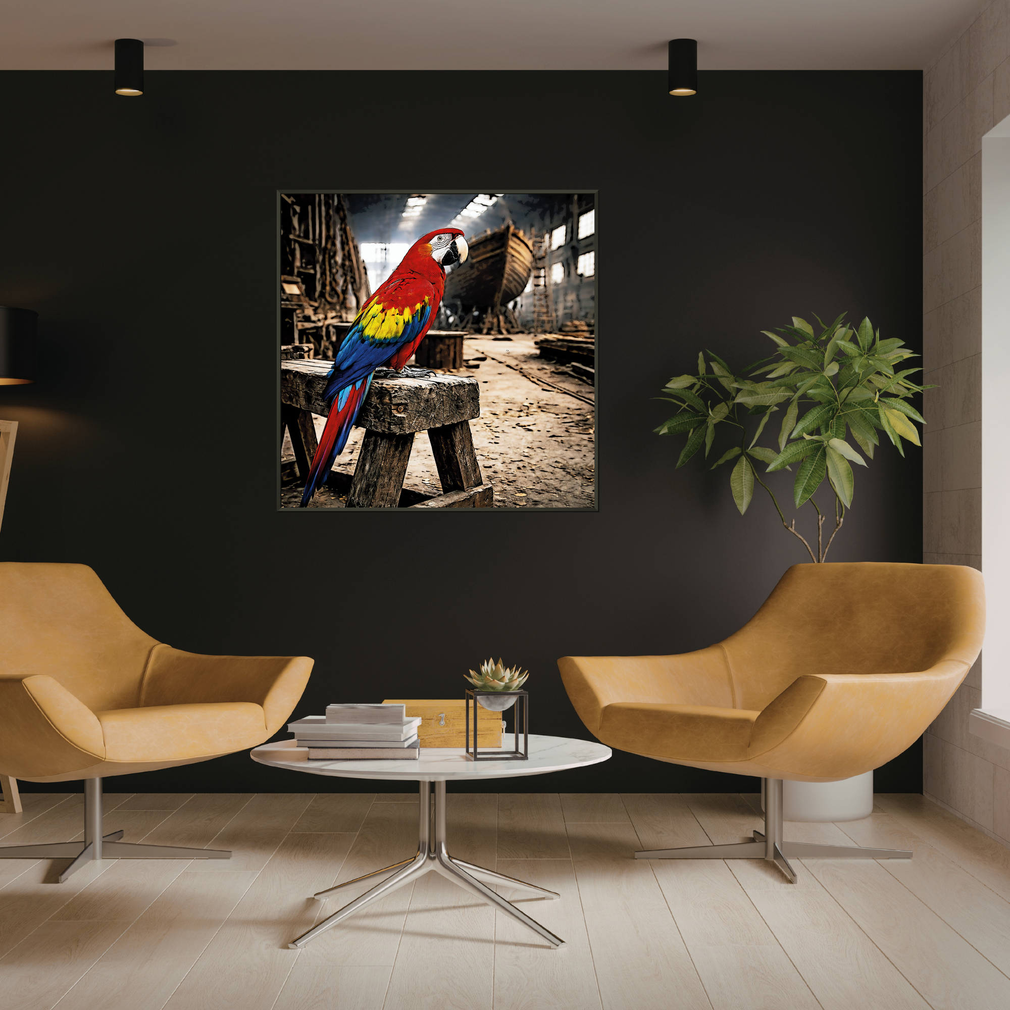 Wandbild mit Metallrahmen, Design Papagei im Bootshaus